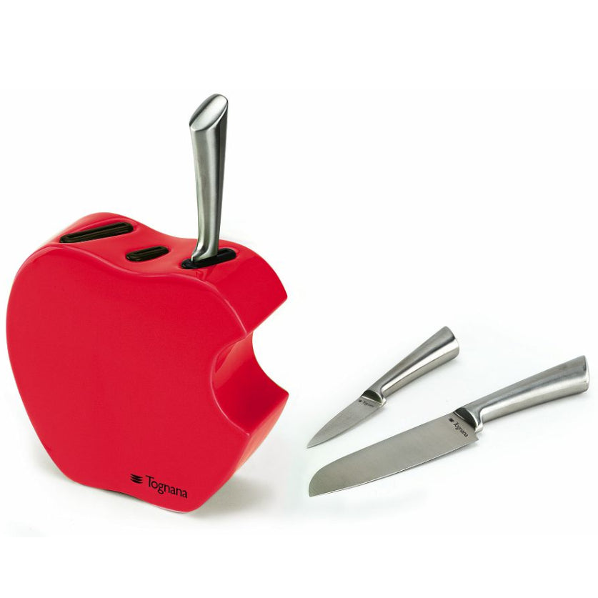 3tlg. Messerblock aus Keramik, im Look eines grünen/roten angebissenen Apfels - Porzellan aus Italien