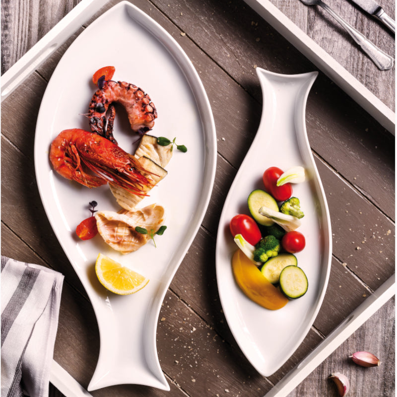 Servierplatte GOURMET aus Porzellan, in Fischform, zwei Größen - Porzellan aus Italien