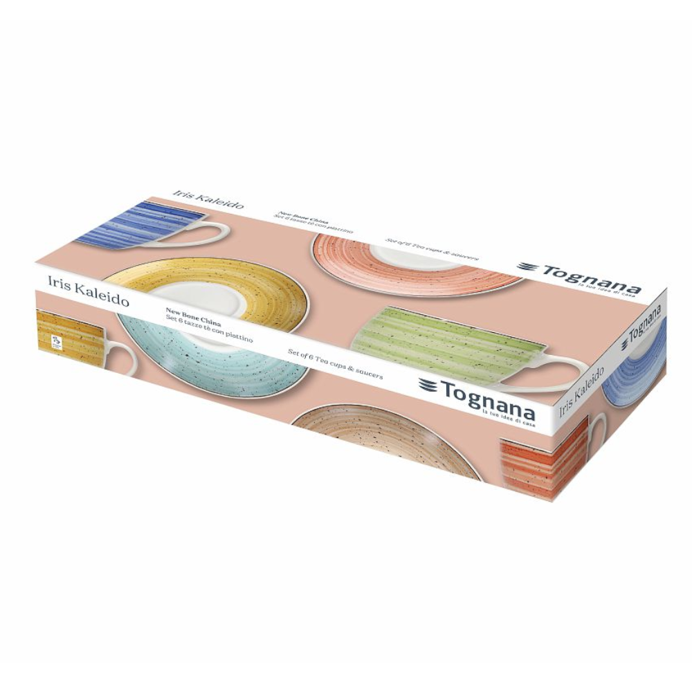 6er Set Kaffee-/Teetasse IRIS Kaleido mit Untertasse aus Porzellan, Verpackung - Porzellan aus Italien