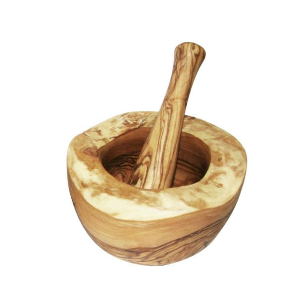 KeboLiv Mörser und Stößel Set, aus massivem Olivenholz, 10/12/14/16 cm - Porzellan aus Italien