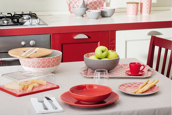 Vorratsdose Ecofiber, aus Fibre Bamboo mit Bambusdeckel, creme-grau/rot, - Porzellan aus Italien