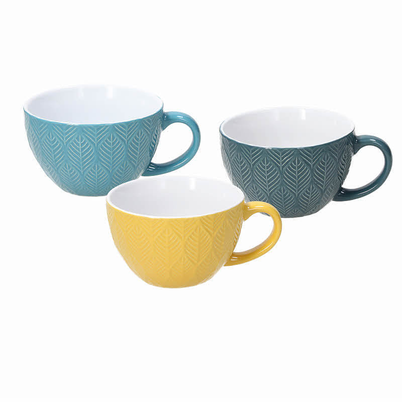 3er Set Frühstücksbecher Relief MAYA aus Keramik, 360 ml., von Tognana - Porzellan aus Italien