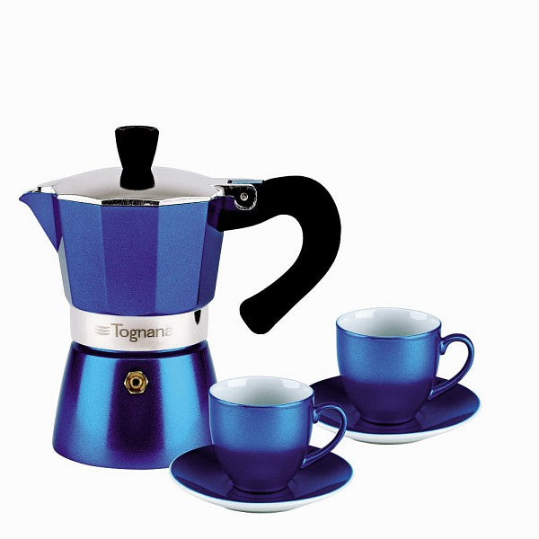 Espressokocher mit 2 Espressotassen, in blau/rot - Porzellan aus Italien