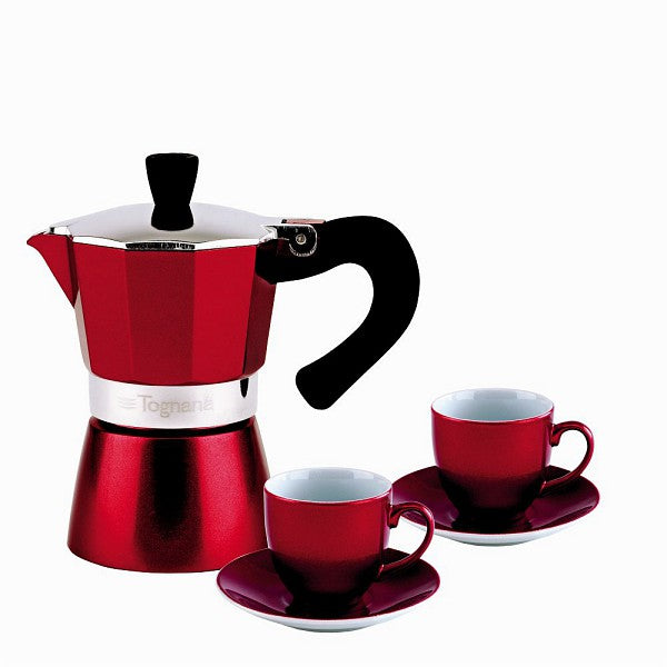 Espressokocher mit 2 Espressotassen, in blau/rot - Porzellan aus Italien