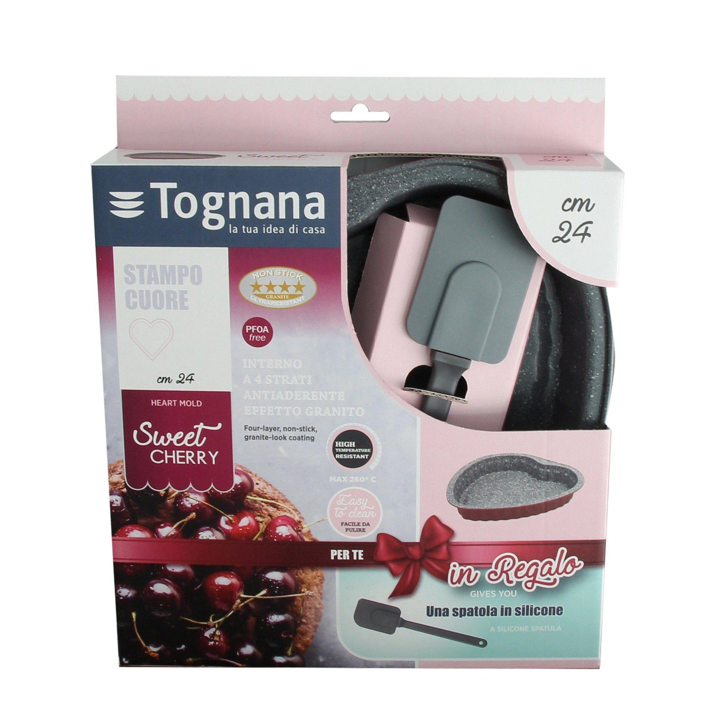 Herz-Kuchenform Sweet Cherry, mit Silikonschaber - Porzellan aus Italien