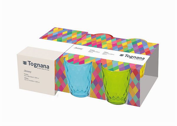 Foto der dekorativen Verpackung des sechsteiligen Trinkgläsersets Jenny von Tognana