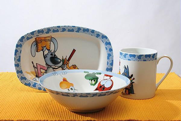 3tlg. Kindergeschirr Happy/School, Teller, Schale und Becher - Porzellan aus Italien 