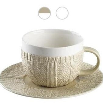 2er Set Cappuccino-Tassen mit Untertasse aus Porzellan, weiß / sandfarbend - Porzellan aus Italien 