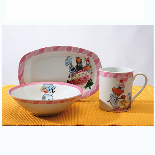 3tlg. Kindergeschirr Happy/School, Teller, Schale und Becher - Porzellan aus Italien 