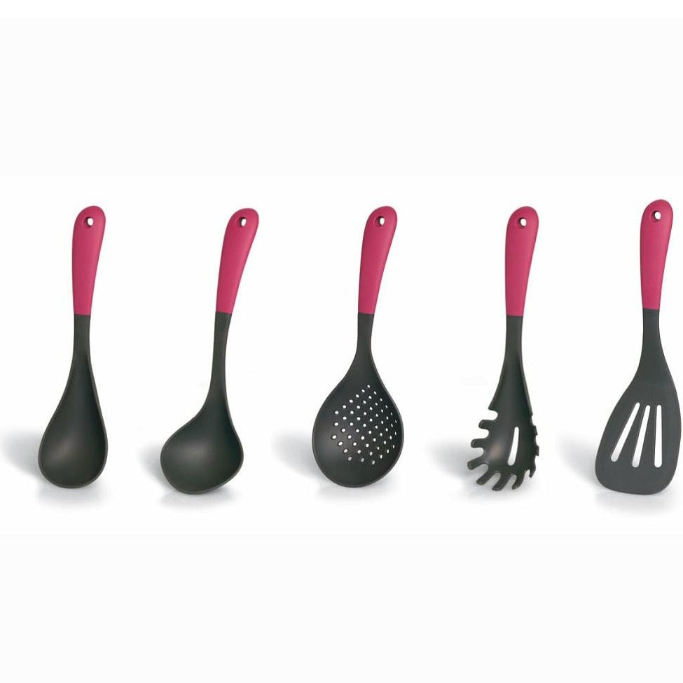 5tlg. Küchenhelfer-Set mit Soft-Touch-Griffen, fuchsia/grün/weiß – Porzellan aus Italien
