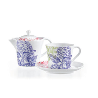 2tlg. Teeservice, Tea for One, Hortensie/Lavanda - Porzellan aus Italien 