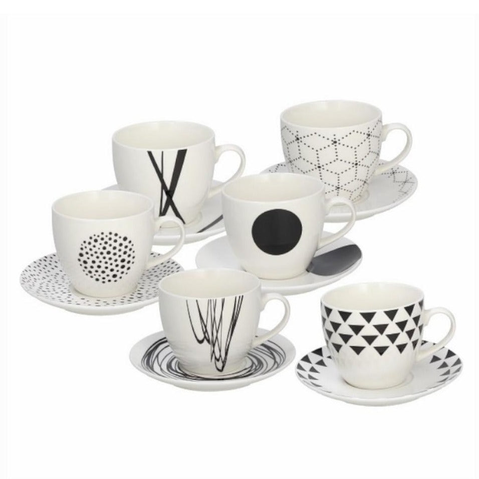 6er Set Kaffeetasse mit Untertasse, Serie Metropolis, Weiß-schwarz, 200 ml. Vol. - Porzellan aus Italien 