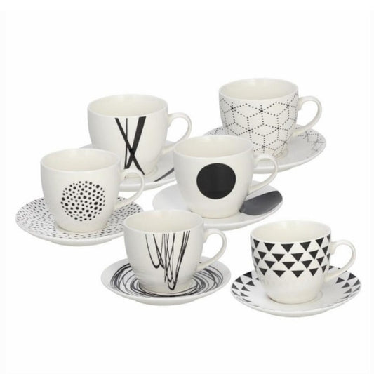 6er Set Kaffeetasse mit Untertasse, Serie Metropolis, Weiß-schwarz, 200 ml. Vol. - Porzellan aus Italien 