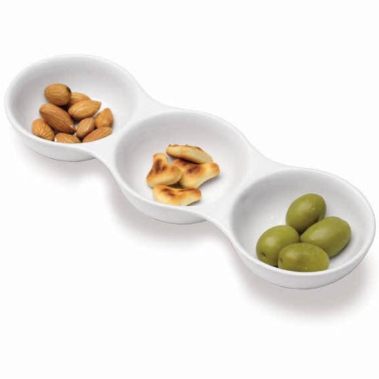 Snackschale aus Porzellan, oval, mit 3 Ablagen, 23 x 7,5 x 3,5 cm - Porzellan aus Italien 