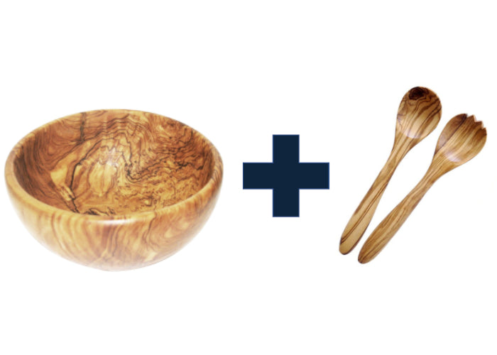 Olivenholz-Set aus Salatschale 22 cm + das passende Salatbesteck 25 cm gratis dazu - Porzellan aus Italien 