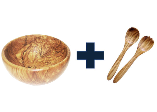 Olivenholz-Set aus Salatschale 22 cm + das passende Salatbesteck 25 cm gratis dazu - Porzellan aus Italien 