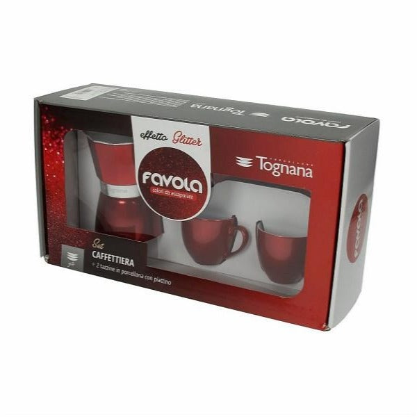 Espressokocher mit 2 Espressotassen, in blau/rot - Porzellan aus Italien 